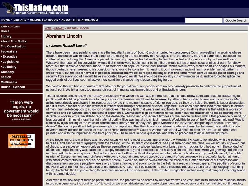 This nation.com's Library: "Abraham Lincoln" by James Russell Lowell Full Text Website This nation.com's Library: "Abraham Lincoln" by James Russell Lowell Full Text Website