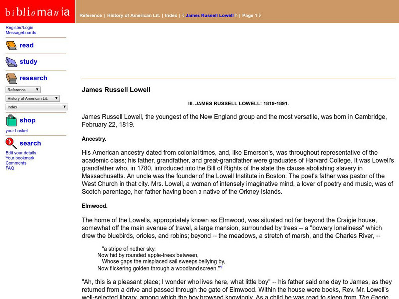 Bibliomania: James Russell Lowell Biography Handout Bibliomania: James Russell Lowell Biography Handout