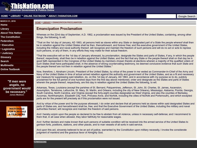 This nation.com: "Emancipation Proclamation" Abraham Lincoln Handout This nation.com: "Emancipation Proclamation" Abraham Lincoln Handout