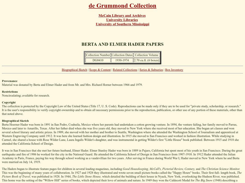 University of Southern Mississippi Libraries: Berta and Elmer Hader Papers Website