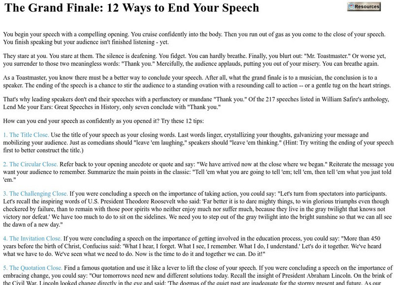 Westside Toastmasters: The Grand Finale: 12 Ways to End Your Speech Handout Westside Toastmasters: The Grand Finale: 12 Ways to End Your Speech Handout