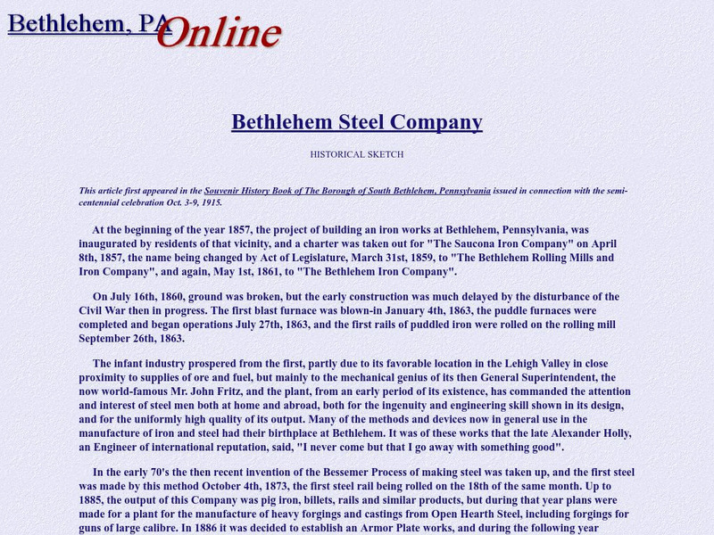 Bethlehem Pa: Bethlehem Steel Company: Historical Sketch Handout