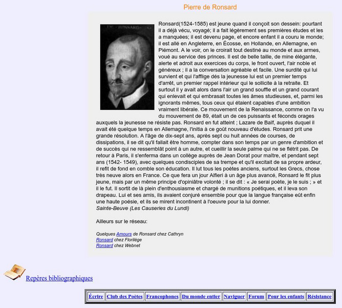 Club De Poesie: Pierre De Ronsard Handout Club De Poesie: Pierre De Ronsard Handout