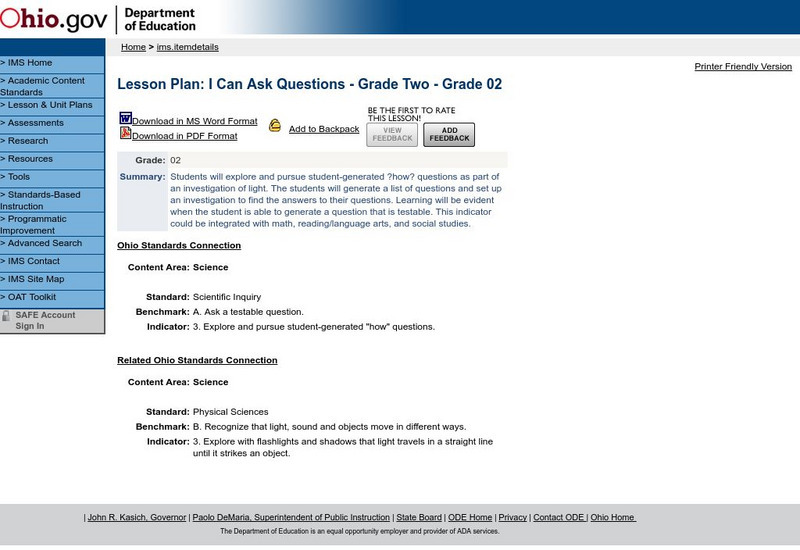 Ohio Dept. Of Education: Lesson Plan: I Can Ask Questions Grade Two Lesson Plan Ohio Dept. Of Education: Lesson Plan: I Can Ask Questions Grade Two Lesson Plan