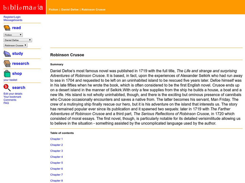Bibliomania: Daniel Defoe Robinson Crusoe Handout