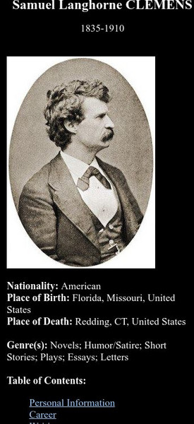 Brandeis University: Author Biographies: Samuel Langhorne Clemens: Mark Twain Website Brandeis University: Author Biographies: Samuel Langhorne Clemens: Mark Twain Website