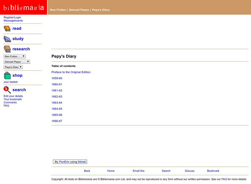 Bibliomania: Pepys's Diary Handout Bibliomania: Pepys's Diary Handout