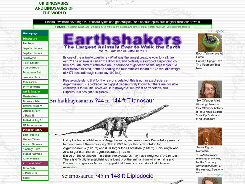 Dinosaur and Planetary History: Earthshakers the Largest Animals Ever Handout Dinosaur and Planetary History: Earthshakers the Largest Animals Ever Handout