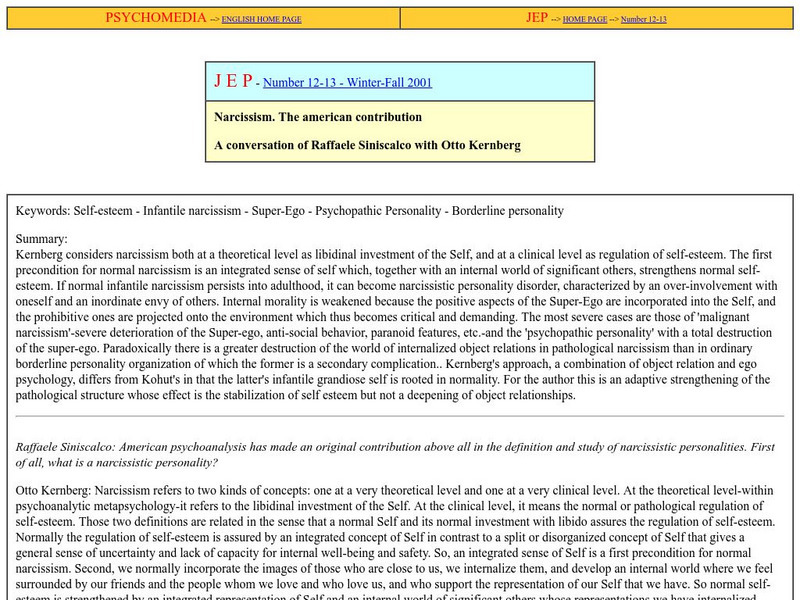 Psychomedia: Journal of European Psychoanalysis: Otto Kernberg Narcissism Primary Psychomedia: Journal of European Psychoanalysis: Otto Kernberg Narcissism Primary