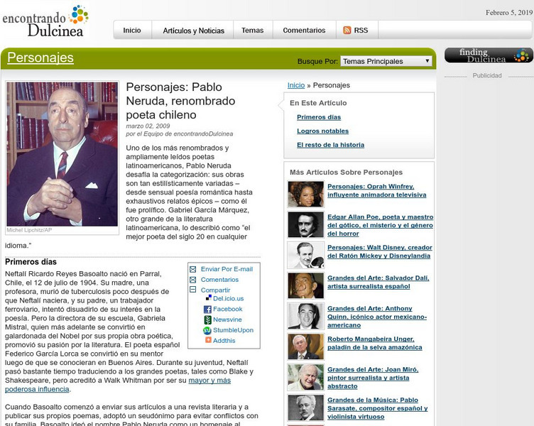 Dulcinea Media Inc.: Personajes: Pablo Neruda, Renombrado Poeta Chileno Website