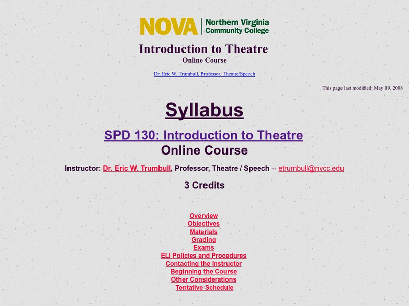 Northern Virginia Community College: Introduction to Theatre: Syllabus Handout Northern Virginia Community College: Introduction to Theatre: Syllabus Handout