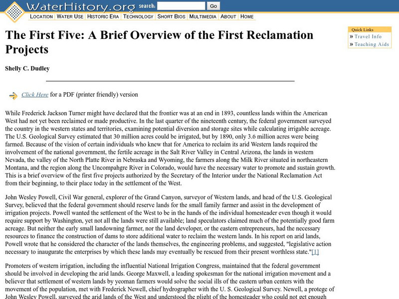 Water History: The First Five: Brief Overview of the First Reclamation Projects Activity Water History: The First Five: Brief Overview of the First Reclamation Projects Activity