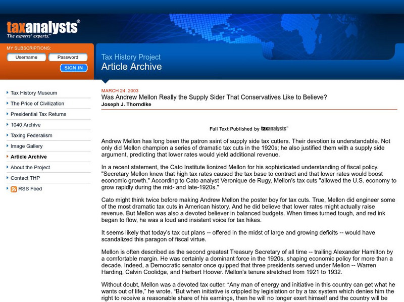 Tax History Project: Was Andrew Mellon Really the Supply Sider Article Tax History Project: Was Andrew Mellon Really the Supply Sider Article