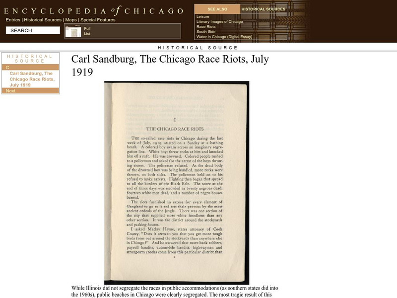 Encyclopedia of Chicago: Carl Sandburg, the Chicago Race Riots, July 1919 Article Encyclopedia of Chicago: Carl Sandburg, the Chicago Race Riots, July 1919 Article