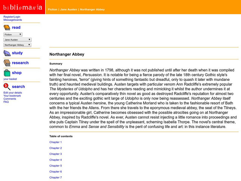 Bibliomania: Jane Austen Northanger Abbey Handout Bibliomania: Jane Austen Northanger Abbey Handout
