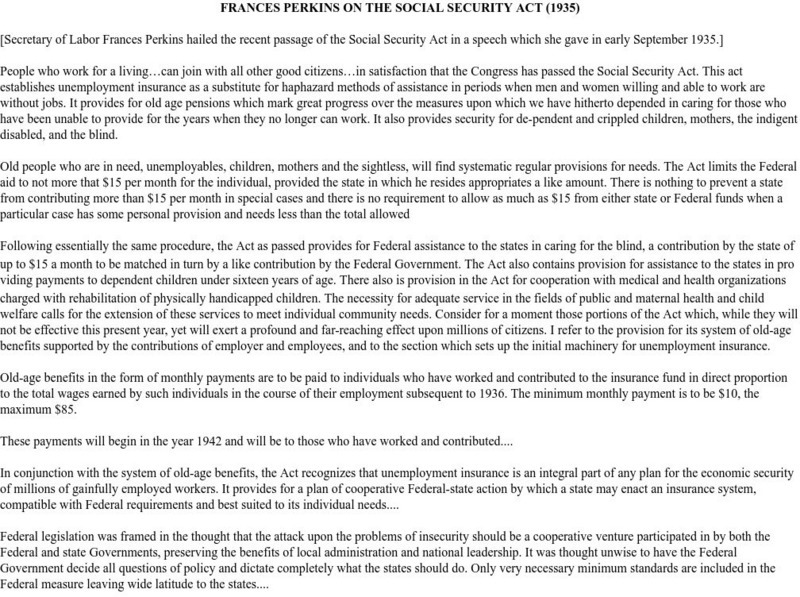 Au: Frances Perkins on the Social Security Act (1935) Primary Au: Frances Perkins on the Social Security Act (1935) Primary