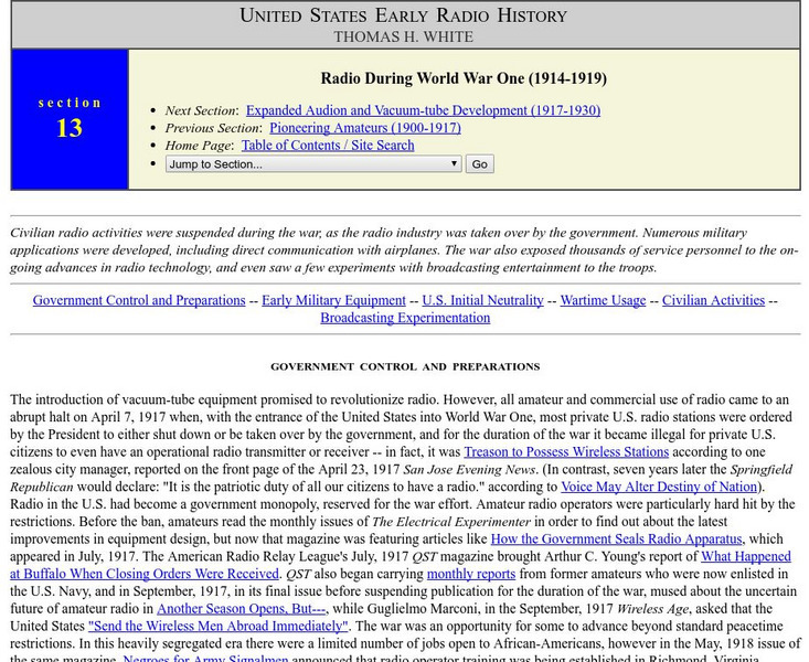 United States Early Radio History: Radio During World War One (1914 1919) Website United States Early Radio History: Radio During World War One (1914 1919) Website