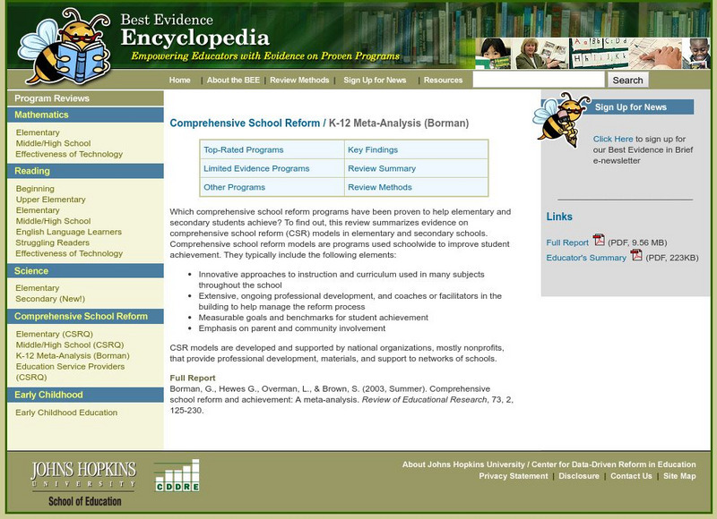 Best Evidence Encyclopedia: K 12 Comprehensive School Reform Website Best Evidence Encyclopedia: K 12 Comprehensive School Reform Website