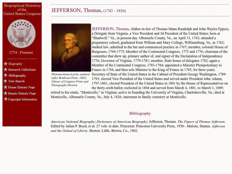 Loc: Biographical Directory of the u.s. Congress: Thomas Jefferson Handout Loc: Biographical Directory of the u.s. Congress: Thomas Jefferson Handout