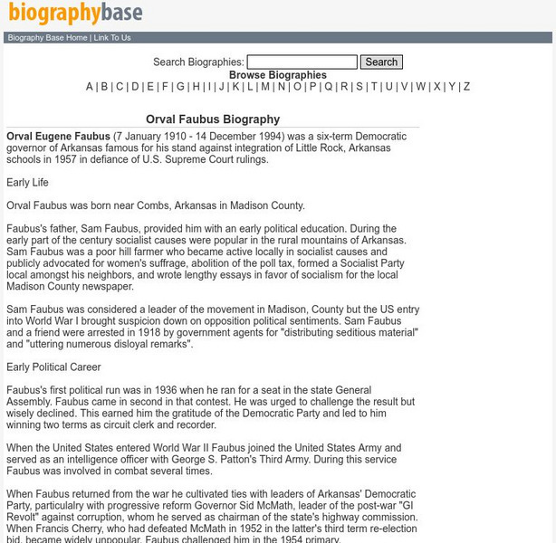 Biography Base: Orval Faubus Biography Handout Biography Base: Orval Faubus Biography Handout