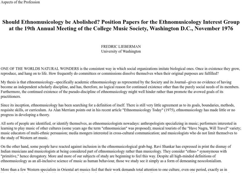 University of California: Should Ethnomusicology Be Abolished? (Position Papers) Article University of California: Should Ethnomusicology Be Abolished? (Position Papers) Article