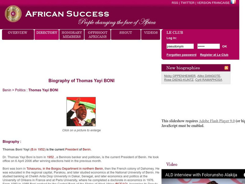 African Success: Biography of Thomas Yayi Boni Handout African Success: Biography of Thomas Yayi Boni Handout
