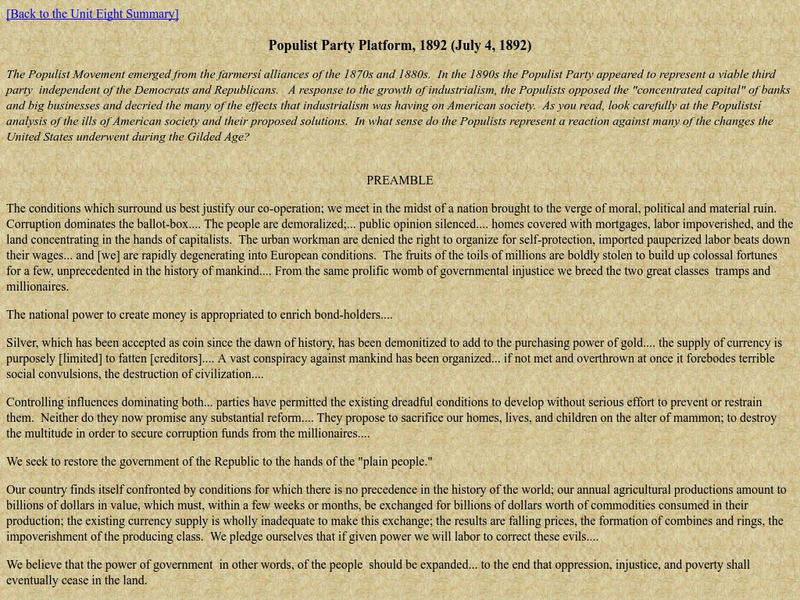 Fieldston School United States History Survey: Populist Party Platform Primary Fieldston School United States History Survey: Populist Party Platform Primary