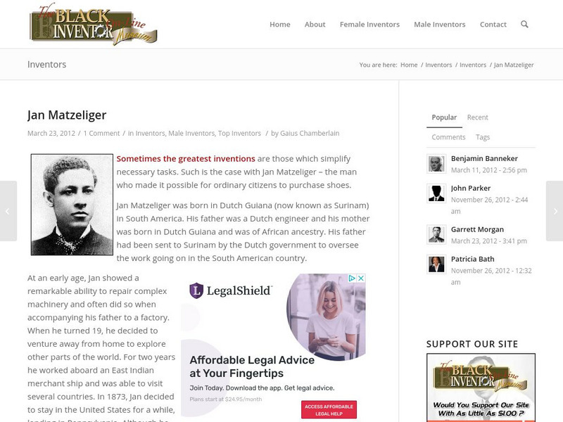 Black Inventor Online Museum: Jan Matzeliger Handout Black Inventor Online Museum: Jan Matzeliger Handout