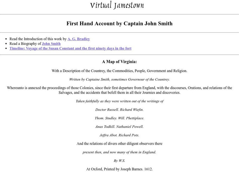 Univ. Of Virginia: Account of Virginia by John Smith Unit Plan Univ. Of Virginia: Account of Virginia by John Smith Unit Plan