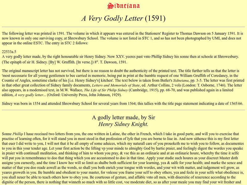University of Cambridge: Sidneiana: A Very Godly Letter (1591) Primary