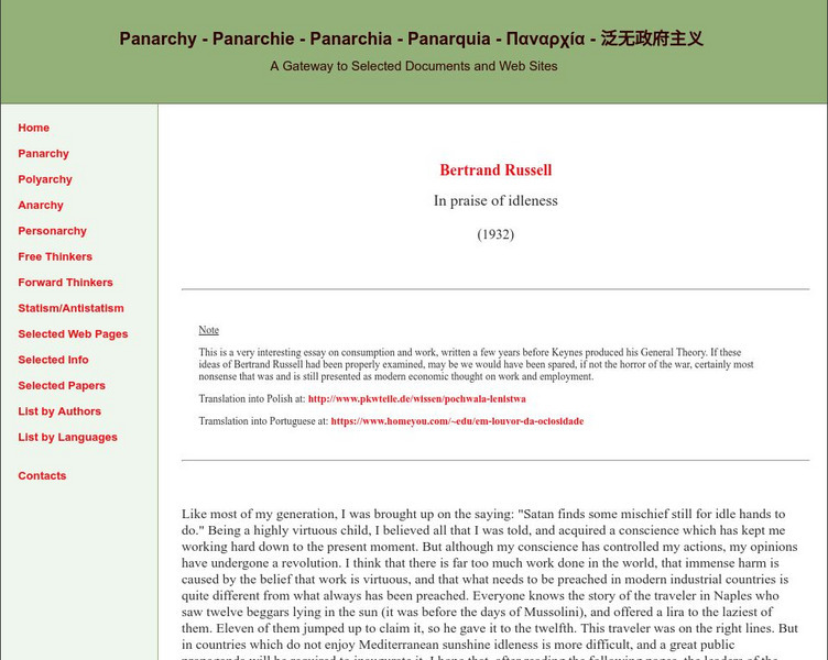 Bertrand Russell: In Praise of Idleness Website