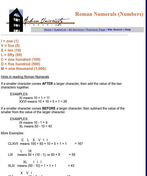Roman Numerals Handout Roman Numerals Handout