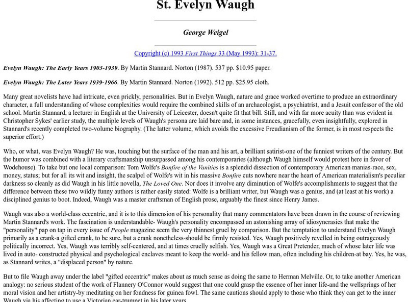First Thing/ "St. Evelyn Waugh"/ Review of Biographies Website First Thing/ "St. Evelyn Waugh"/ Review of Biographies Website