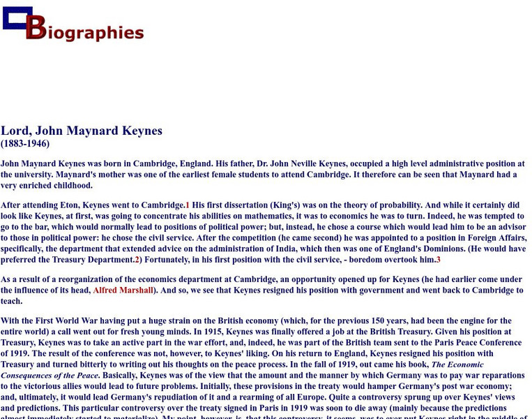 Biographies: The Economists: Lord John Maynard Keynes (1883 1946) Activity Biographies: The Economists: Lord John Maynard Keynes (1883 1946) Activity