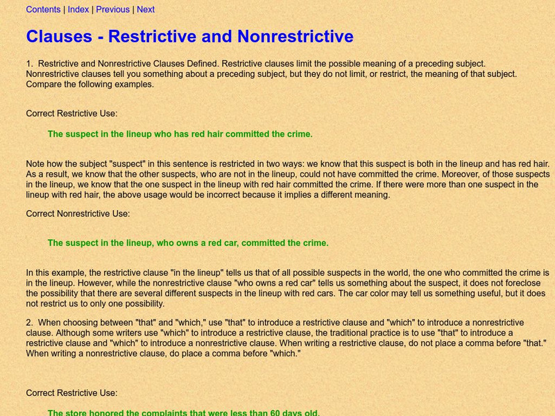 Legal Writing: Clauses Restrictive & Non Restrictive Handout Legal Writing: Clauses Restrictive & Non Restrictive Handout