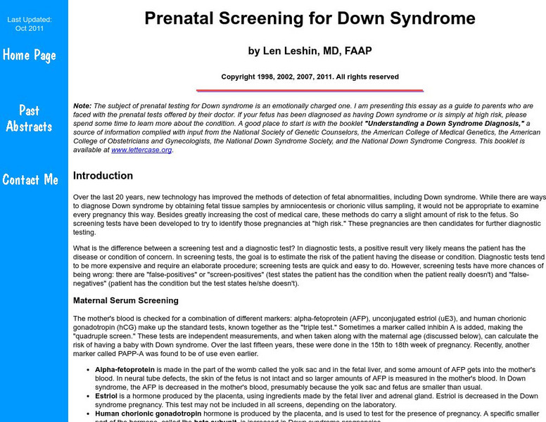 Ds Health: Prenatal Screening for Down Syndrome Article Ds Health: Prenatal Screening for Down Syndrome Article