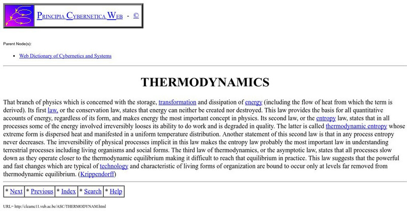 Web Dictionary of Cybernetics:thermodynamics Handout Web Dictionary of Cybernetics:thermodynamics Handout