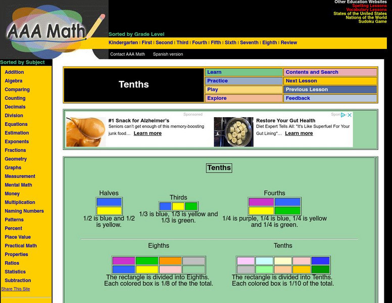 Aaa Math: Fraction Parts Tenths Activity Aaa Math: Fraction Parts Tenths Activity