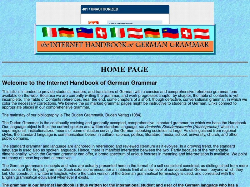 German for Travelers: The Internet Handbook of German Grammar Handout