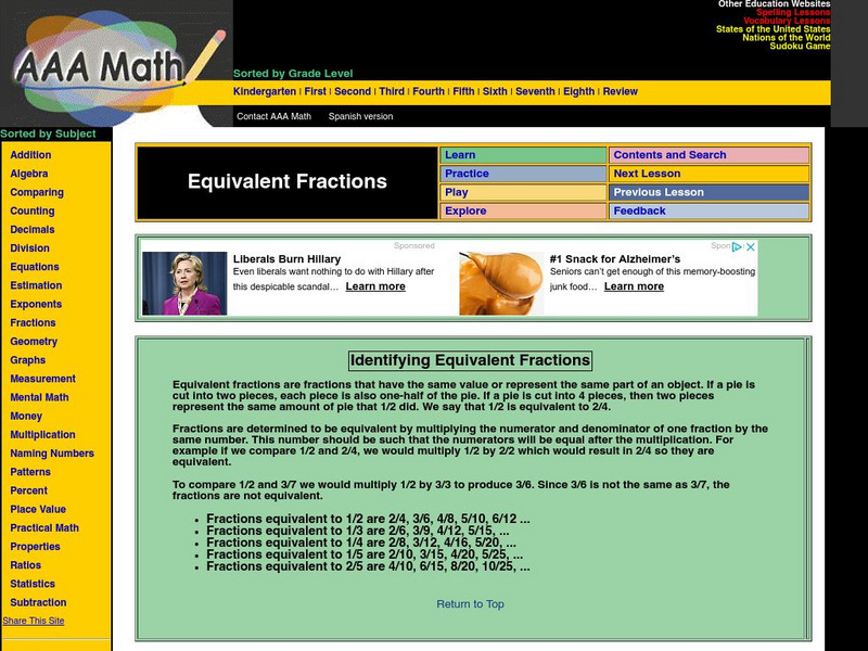 Aaa Math: Identifying Equivalent Fractions Unit Plan Aaa Math: Identifying Equivalent Fractions Unit Plan