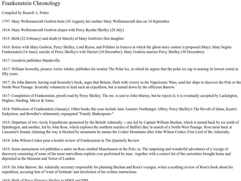 Rhode Island College: "Frankenstein" Chronology Website Rhode Island College: "Frankenstein" Chronology Website
