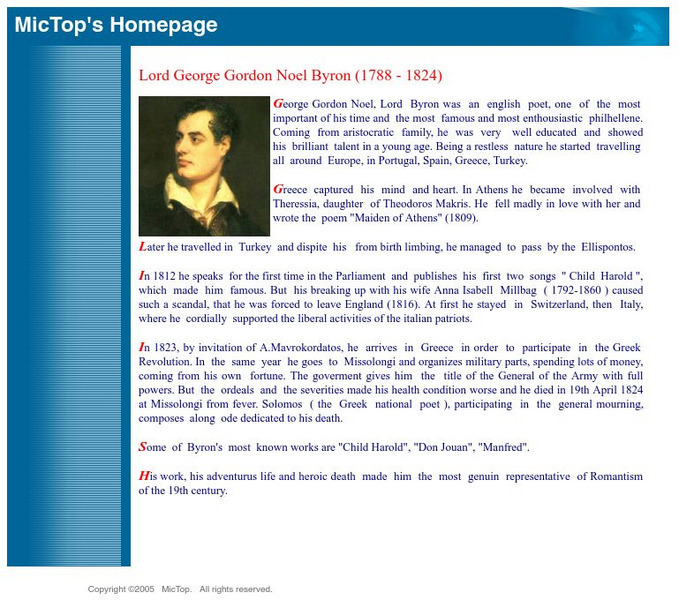 Mic Top: Lord George Gordon Noel Byron (1788 1824) Website Mic Top: Lord George Gordon Noel Byron (1788 1824) Website
