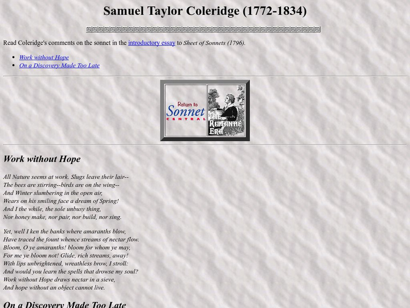 Sonnet Central: Samuel Taylor Coleridge (1772 1834) Website Sonnet Central: Samuel Taylor Coleridge (1772 1834) Website