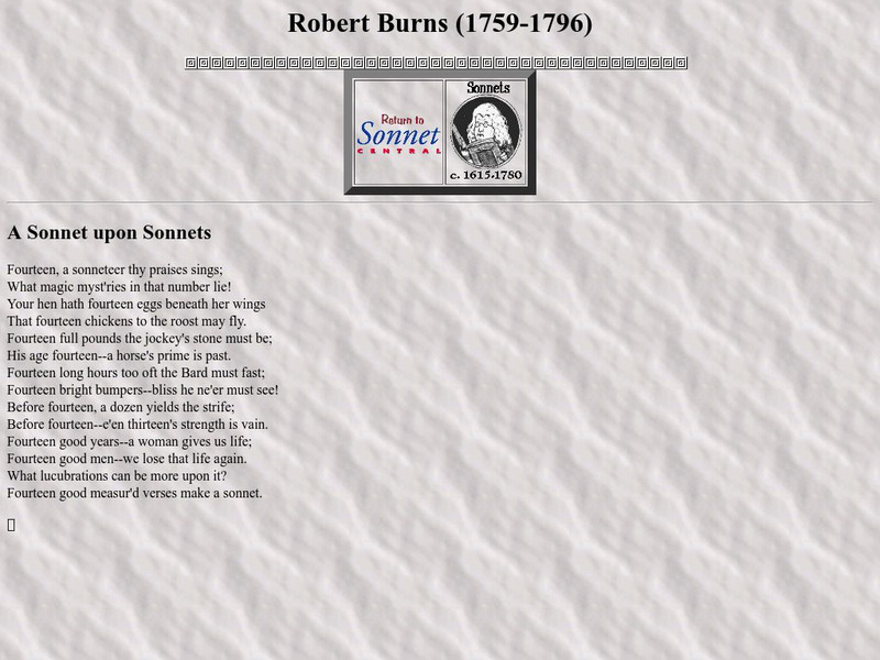 Sonnet Central: Robert Burns, "A Sonnet Upon Sonnets" Website Sonnet Central: Robert Burns, "A Sonnet Upon Sonnets" Website