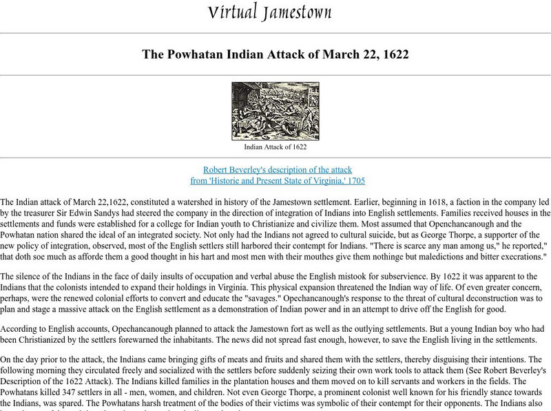 Virtual Jamestown: The Powhatan Indian Attack of March 22, 1622 Primary Virtual Jamestown: The Powhatan Indian Attack of March 22, 1622 Primary