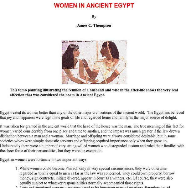 Women in the Ancient World: Women in Ancient Egypt Handout Women in the Ancient World: Women in Ancient Egypt Handout