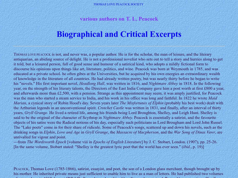 T. L. Peacock: Biographical and Critical Excerpts Website T. L. Peacock: Biographical and Critical Excerpts Website