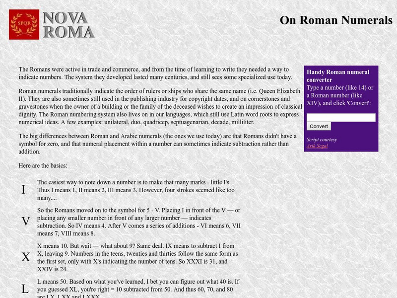 Nova Roma: On Roman Numerals Handout Nova Roma: On Roman Numerals Handout