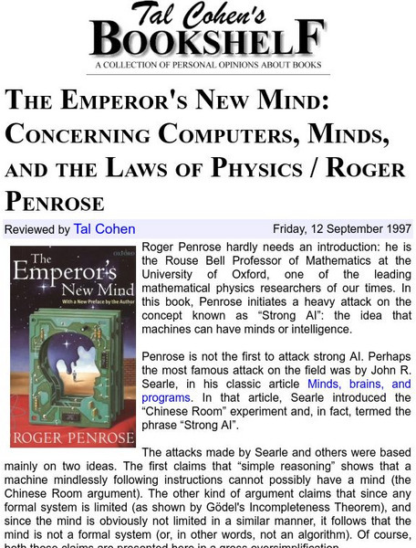 Tal Cohen's Bookshelf: The Emperor's New Mind Website Tal Cohen's Bookshelf: The Emperor's New Mind Website
