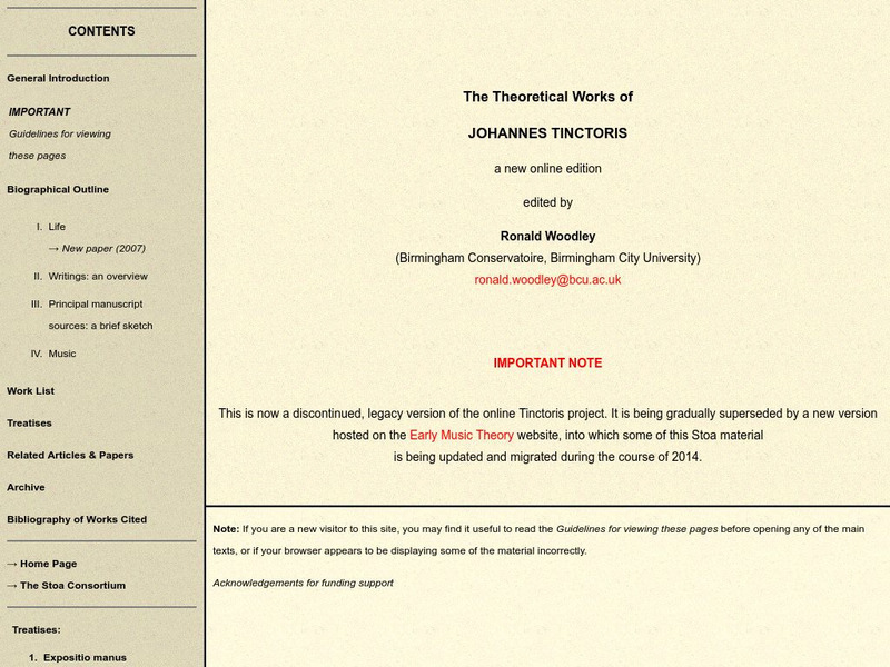 The Stoa Consortium:johannes Tinctoris Theoretical Works Handout The Stoa Consortium:johannes Tinctoris Theoretical Works Handout